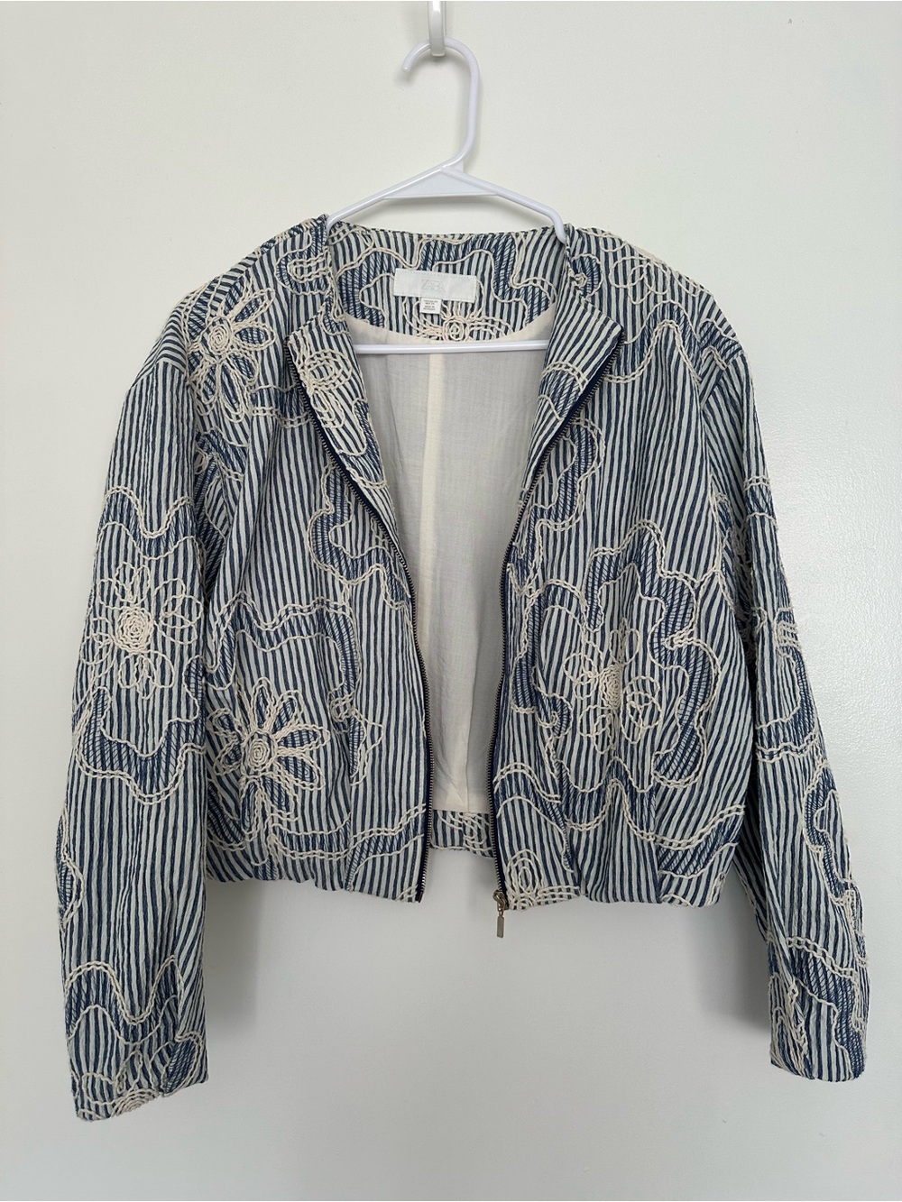 Zara Blue & White Striped Embroidered Jacket